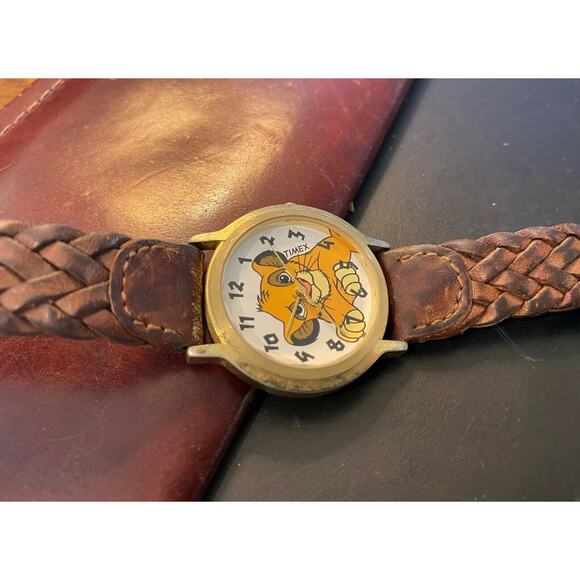 VTG 35mm Women's Lion King Timex Watch,Gold Tone Braided Leather Band - Picture 2 of 3